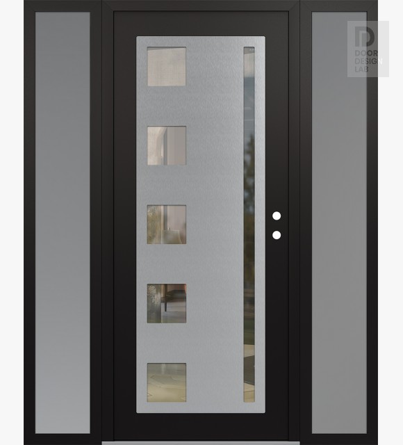 Modern Steel Front Door Diamond C3 68" x 80" black/black clear Glass Panel stainless steel LHI with 2 Sidelites frosted Glass