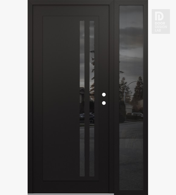 Modern Steel Front Door Diamond C6 52" x 80" black/black mirrored Glass Panel black LHI with Sidelite mirrored Glass