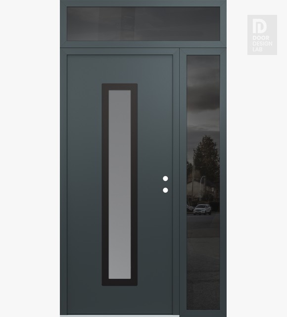 Modern Steel Front Door DIAMOND A11 52" X 96" ANTHRACITE/ANTHRACITE FROSTED GLASS PANEL BLACK LHI WITH SIDELITE AND TRANSOM MIRRORED GLASS