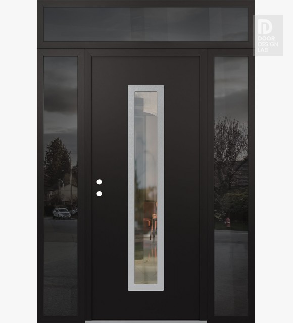 Modern Steel Front Door DIAMOND A11 68" X 96" BLACK/BLACK CLEAR GLASS PANEL STAINLESS STEEL RHI WITH 2 SIDELITES AND TRANSOM MIRRORED GLASS