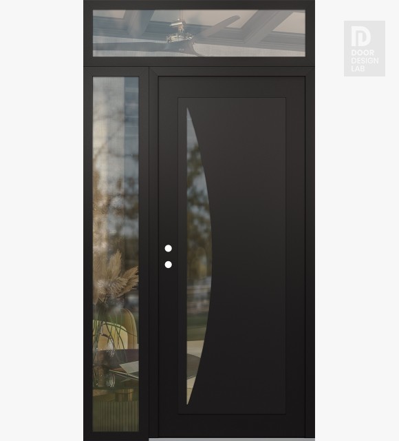 Modern Steel Front Door Diamond C13 48" x 96" black/black clear Glass Panel black RHI with Sidelite and Transom clear Glass