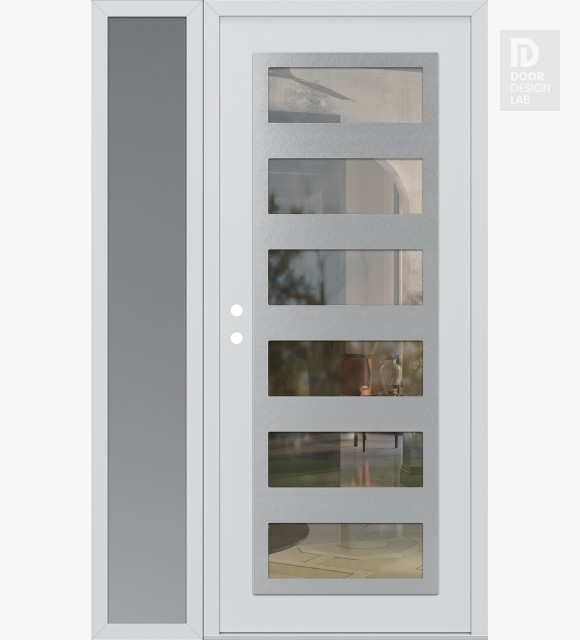 Modern Steel Front Door Diamond C9 52" x 80" white/white clear Glass Panel stainless steel RHI with Sidelite frosted Glass