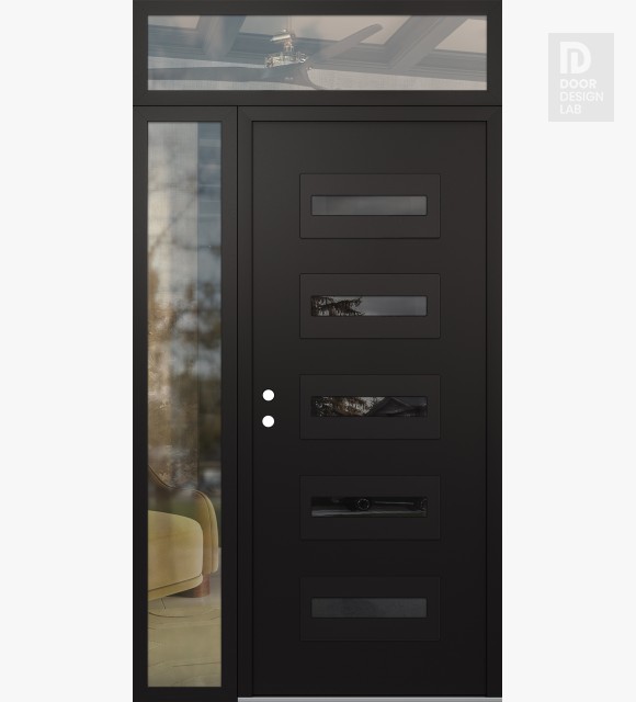 Modern Steel Front Door Diamond D4 50" x 96" black/black mirrored Glass Panel black RHI with Sidelite and Transom clear Glass