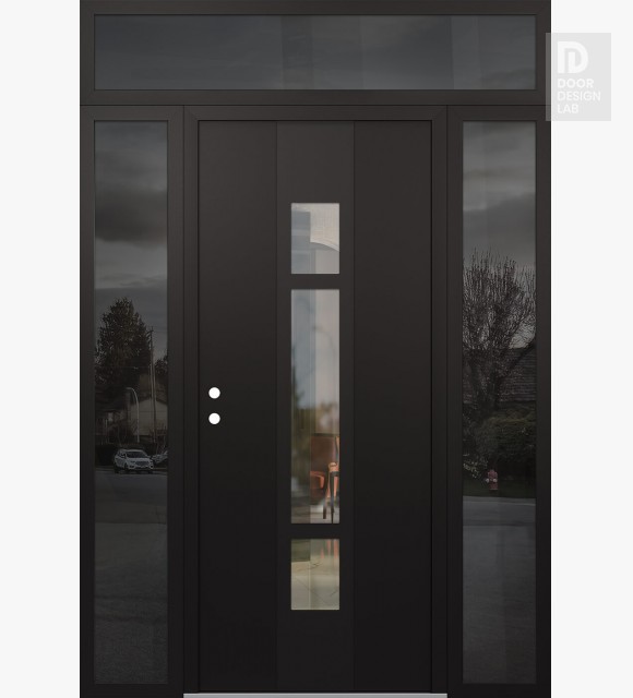 Modern Steel Front Door DIAMOND A9 60" X 96" BLACK/BLACK CLEAR GLASS PANEL BLACK RHI WITH 2 SIDELITES AND TRANSOM MIRRORED GLASS
