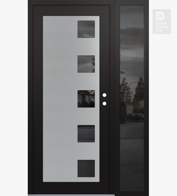 Modern Steel Front Door Diamond C5 48" x 80" black/black mirrored Glass Panel stainless steel LHI with Sidelite mirrored Glass