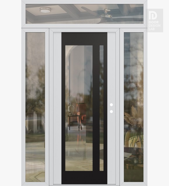 Modern Steel Front Door Diamond C15 60" x 96" white/white clear Glass Panel black LHI with 2 Sidelites and Transom clear Glass