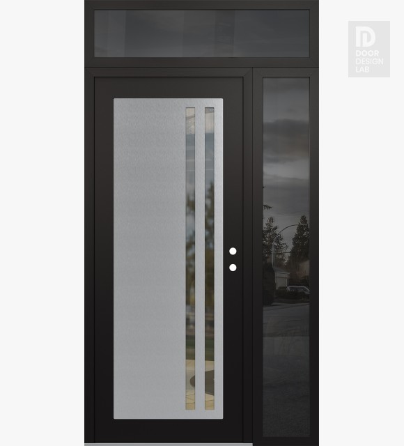 Modern Steel Front Door Diamond C6 50" x 96" black/black clear Glass Panel stainless steel LHI with Sidelite and Transom mirrored Glass