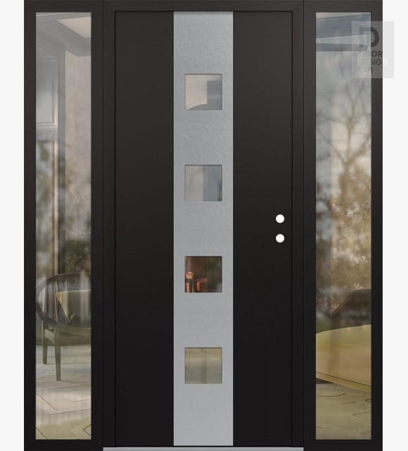 Modern Steel Front Door DIAMOND A12 68" X 80" BLACK/BLACK CLEAR GLASS PANEL STAINLESS STEEL LHI WITH 2 SIDELITES CLEAR GLASS