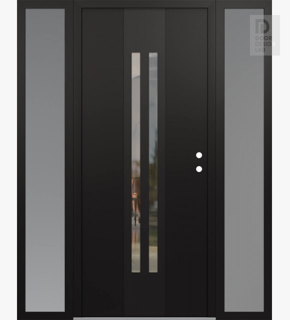 Modern Steel Front Door DIAMOND A8 64" X 80" BLACK/BLACK CLEAR GLASS PANEL BLACK LHI WITH 2 SIDELITES FROSTED GLASS