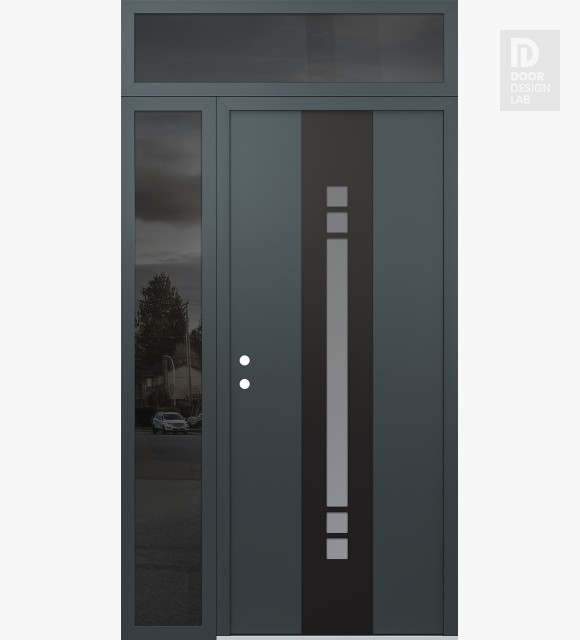 Modern Steel Front Door DIAMOND A4 48" X 96" ANTHRACITE/ANTHRACITE FROSTED GLASS PANEL BLACK RHI WITH SIDELITE AND TRANSOM MIRRORED GLASS