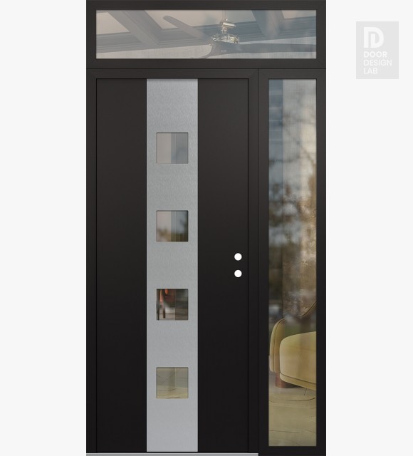 Modern Steel Front Door DIAMOND A12 52" X 96" BLACK/BLACK CLEAR GLASS PANEL STAINLESS STEEL LHI WITH SIDELITE AND TRANSOM CLEAR GLASS