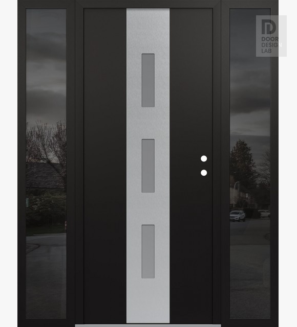 Modern Steel Front Door DIAMOND A7 68" X 80" BLACK/WHITE FROSTED GLASS PANEL STAINLESS STEEL LHI WITH 2 SIDELITES MIRRORED GLASS