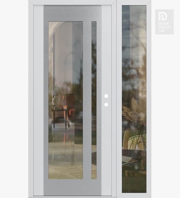 Modern Steel Front Door Diamond C15 50" x 80" white/white clear Glass Panel stainless steel LHI with Sidelite clear Glass
