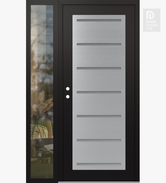Modern Steel Front Door Diamond C11 50" x 80" black/white frosted Glass Panel stainless steel RHI with Sidelite clear Glass