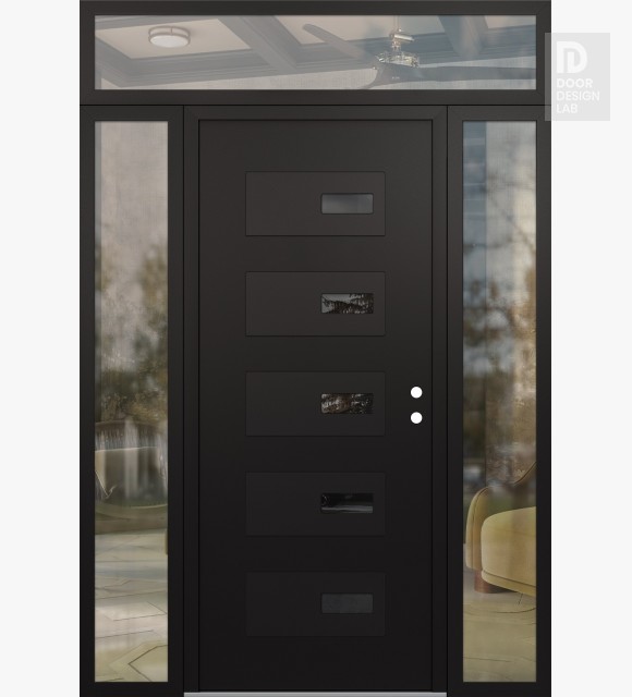 Modern Steel Front Door Diamond D7 68" x 96" black/black mirrored Glass Panel black LHI with 2 Sidelites and Transom clear Glass