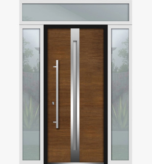 Front Exterior Prehung Steel Door / Deux 1744 Natural Oak / 2 Side and Top Exterior White Window / Stainless Inserts Single Modern Painted-W14+36+14" x H80+16"-Right-hand Inswing