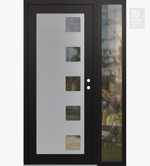 Modern Steel Front Door Diamond C5 50" x 80" black/black clear Glass Panel stainless steel LHI with Sidelite clear Glass