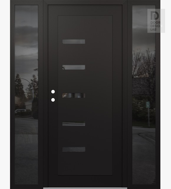 Modern Steel Front Door Diamond C8 68" x 80" black/black mirrored Glass Panel black RHI with 2 Sidelites mirrored Glass