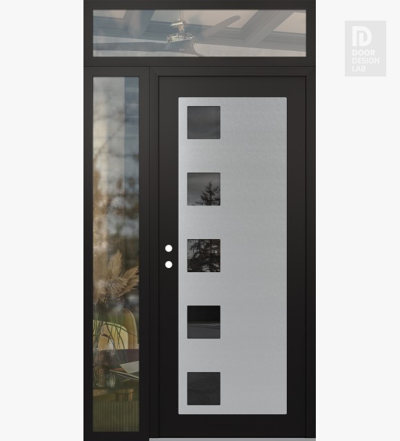 Modern Steel Front Door Diamond C5 50" x 96" black/black mirrored Glass Panel stainless steel RHI with Sidelite and Transom clear Glass