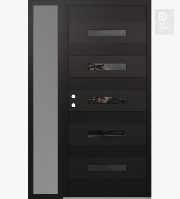Modern Steel Front Door Diamond D9 48" x 80" black/black mirrored Glass Panel black RHI with Sidelite frosted Glass