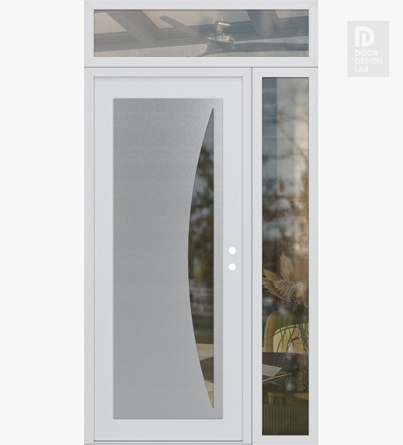 Modern Steel Front Door Diamond C13 50" x 96" white/white clear Glass Panel stainless steel LHI with Sidelite and Transom clear Glass
