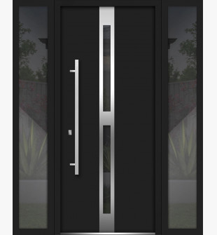 Front Exterior Prehung Steel Door / Deux 1755 Black Enamel / 2 Side Exterior Windows / Stainless Inserts Single Modern Painted-W16+36+16" x H80"-Right-hand Inswing