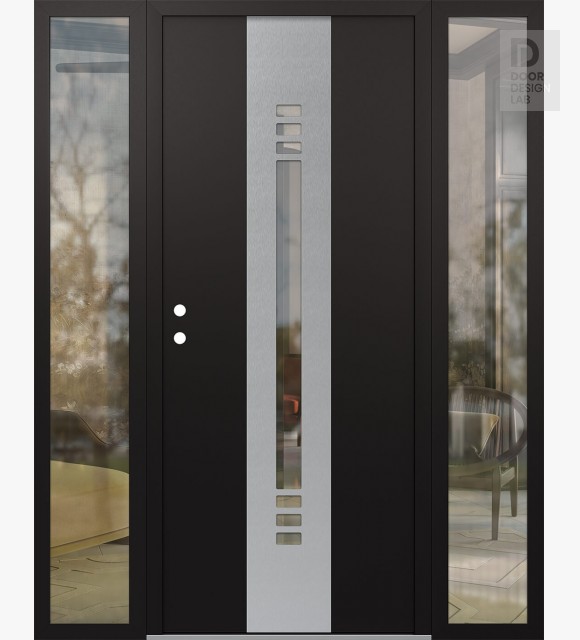 Modern Steel Front Door DIAMOND A5 68" X 80" BLACK/BLACK CLEAR GLASS PANEL STAINLESS STEEL RHI WITH 2 SIDELITES CLEAR GLASS