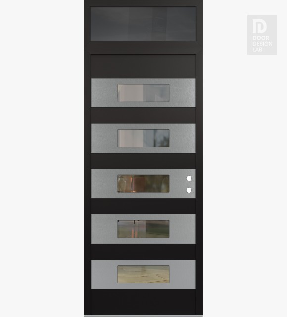 Modern Steel Front Door Diamond D5 36" x 96" black/black clear Glass Panel stainless steel LHI with Transom mirrored Glass