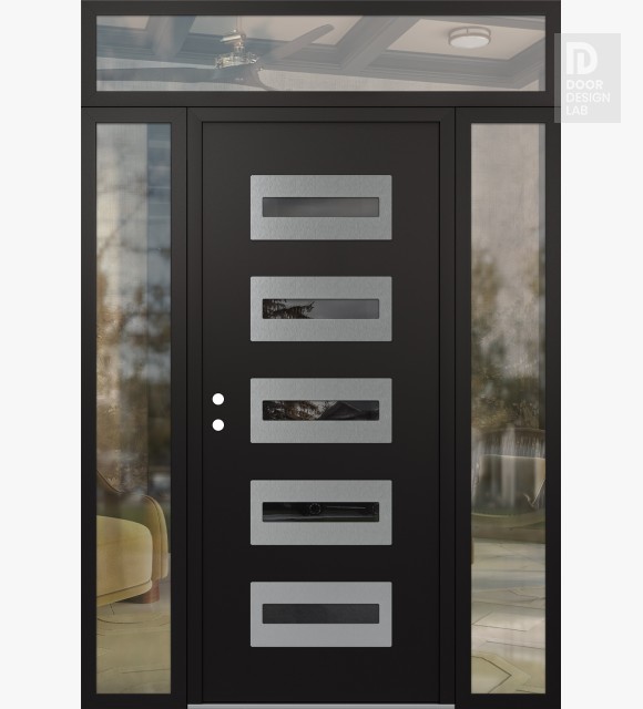 Modern Steel Front Door Diamond D4 68" x 96" black/black mirrored Glass Panel stainless steel RHI with 2 Sidelites and Transom clear Glass