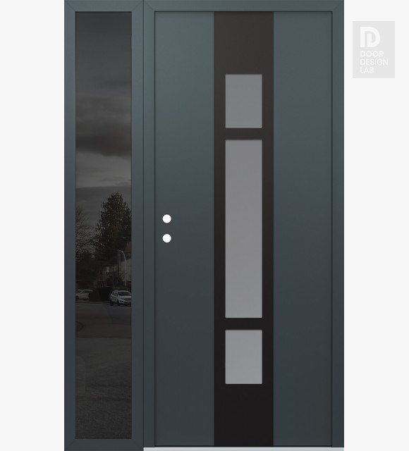 Modern Steel Front Door DIAMOND A9 48" X 80" ANTHRACITE/ANTHRACITE FROSTED GLASS PANEL BLACK RHI WITH SIDELITE MIRRORED GLASS