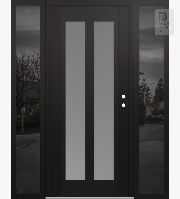 Modern Steel Front Door Diamond C14 60" x 80" black/white frosted Glass Panel black LHI with 2 Sidelites mirrored Glass