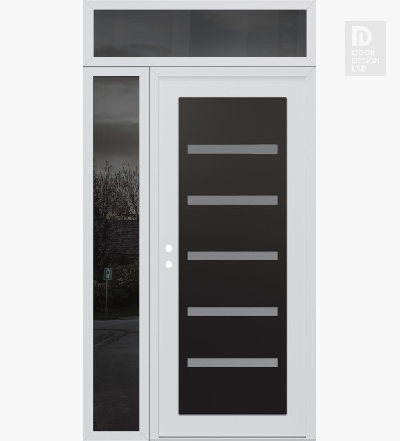 Modern Steel Front Door Diamond C7 52" x 96" white/white frosted Glass Panel black RHI with Sidelite and Transom mirrored Glass