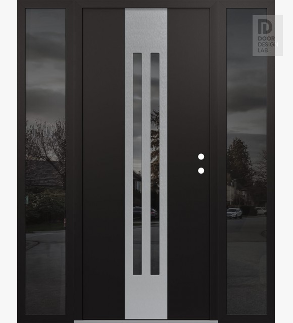 Modern Steel Front Door DIAMOND A8 68" X 80" BLACK/BLACK MIRRORED GLASS PANEL STAINLESS STEEL LHI WITH 2 SIDELITES MIRRORED GLASS