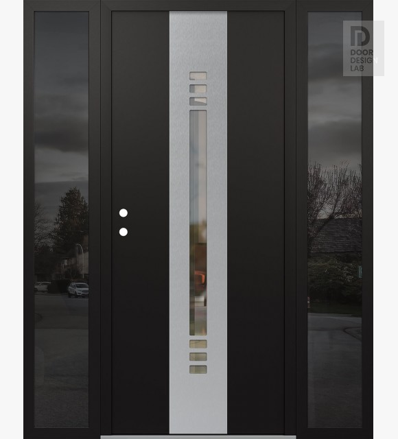 Modern Steel Front Door DIAMOND A5 68" X 80" BLACK/BLACK CLEAR GLASS PANEL STAINLESS STEEL RHI WITH 2 SIDELITES MIRRORED GLASS