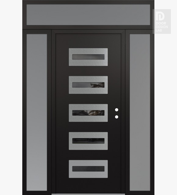 Modern Steel Front Door Diamond D4 68" x 96" black/black mirrored Glass Panel stainless steel LHI with 2 Sidelites and Transom frosted Glass