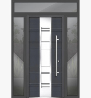 Front Exterior Prehung Steel Door / Deux 0757 Gray Graphite / 2 Side and Top Exterior Window / Stainless Inserts Single Modern Painted-W16+36+16" x H80+16"-Left-hand Inswing