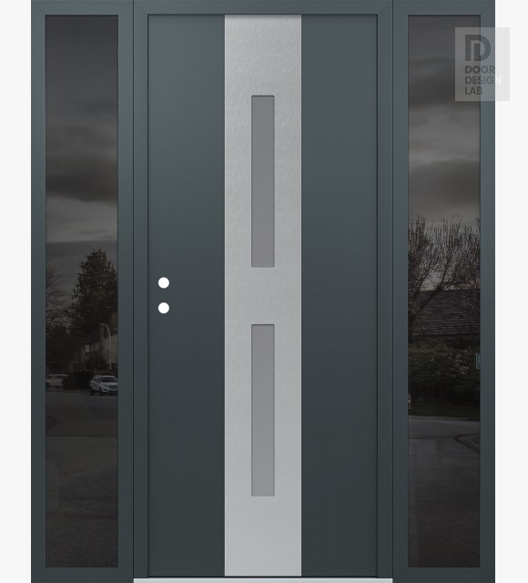Modern Steel Front Door DIAMOND A6 68" X 80" ANTHRACITE/ANTHRACITE FROSTED GLASS PANEL STAINLESS STEEL RHI WITH 2 SIDELITES MIRRORED GLASS