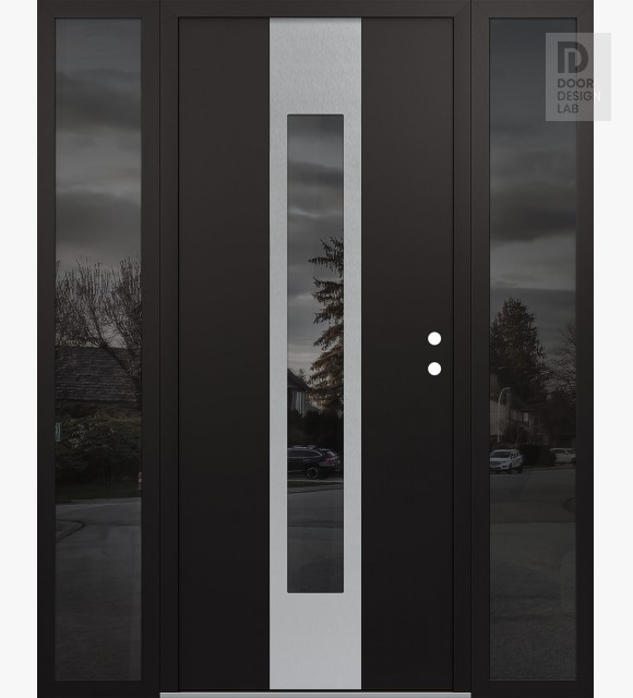 Modern Steel Front Door DIAMOND A1 60" X 80" BLACK/BLACK MIRRORED GLASS PANEL STAINLESS STEEL LHI WITH 2 SIDELITES MIRRORED GLASS
