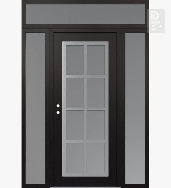 Modern Steel Front Door Diamond C16 60" x 96" black/white frosted Glass Panel stainless steel RHI with 2 Sidelites and Transom frosted Glass