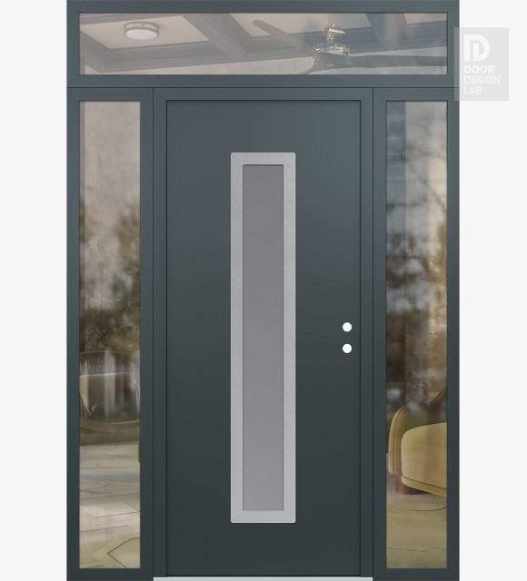 Modern Steel Front Door DIAMOND A11 64" X 96" ANTHRACITE/ANTHRACITE FROSTED GLASS PANEL STAINLESS STEEL LHI WITH 2 SIDELITES AND TRANSOM CLEAR GLASS