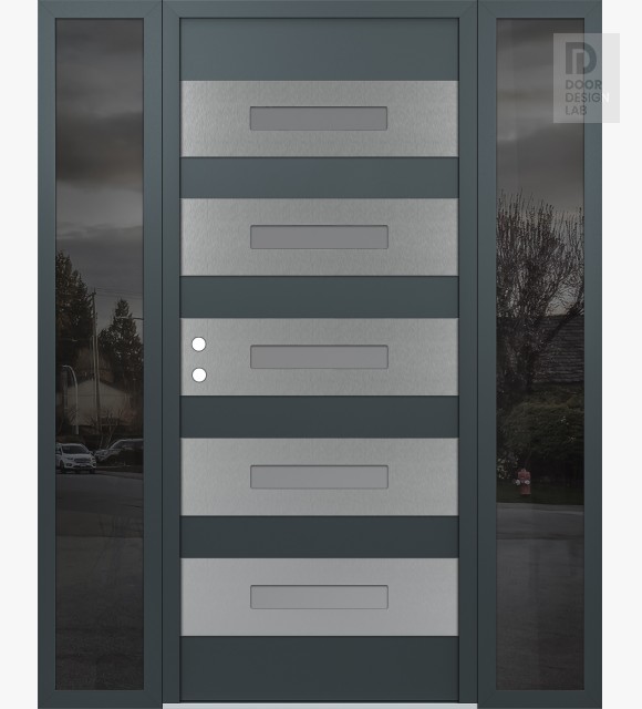 Modern Steel Front Door Diamond D9 60" x 80" anthracite/anthracite frosted Glass Panel stainless steel RHI with 2 Sidelites mirrored Glass