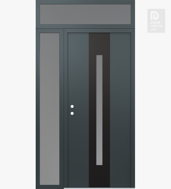 Modern Steel Front Door DIAMOND A2 52" X 96" ANTHRACITE/ANTHRACITE FROSTED GLASS PANEL BLACK RHI WITH SIDELITE AND TRANSOM FROSTED GLASS