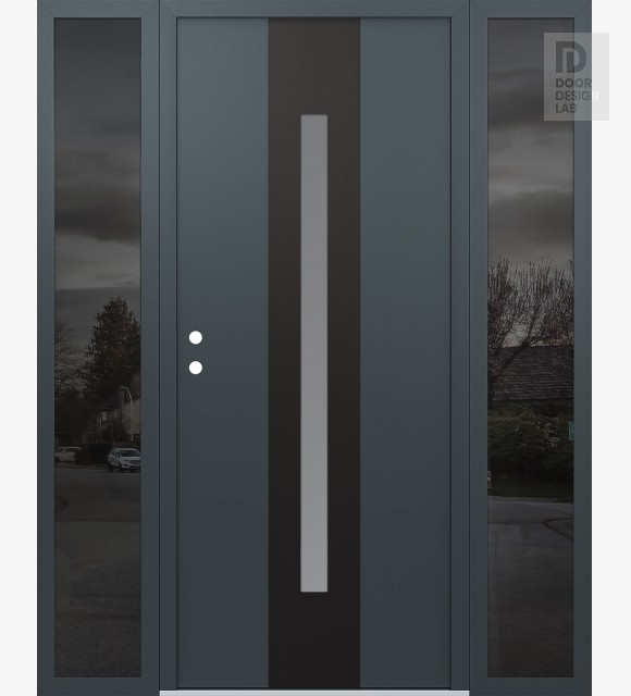 Modern Steel Front Door DIAMOND A2 64" X 80" ANTHRACITE/ANTHRACITE FROSTED GLASS PANEL BLACK RHI WITH 2 SIDELITES MIRRORED GLASS