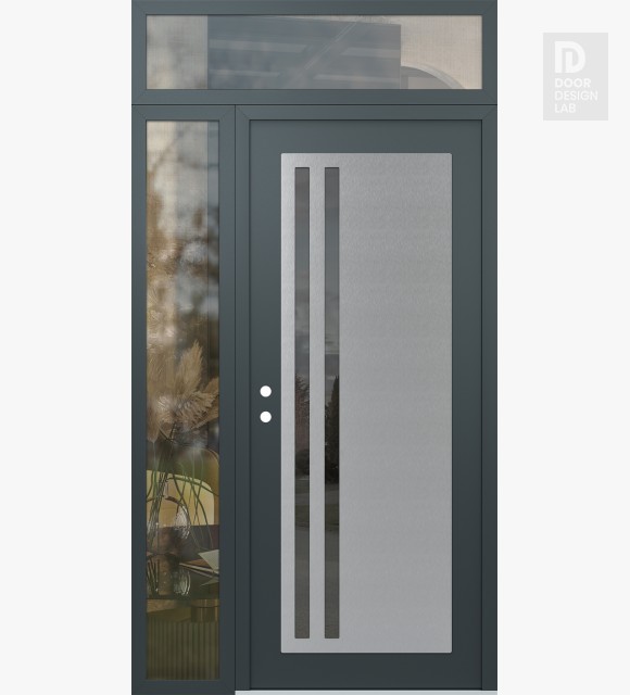 Modern Steel Front Door Diamond C6 52" x 96" anthracite/anthracite mirrored Glass Panel stainless steel RHI with Sidelite and Transom clear Glass