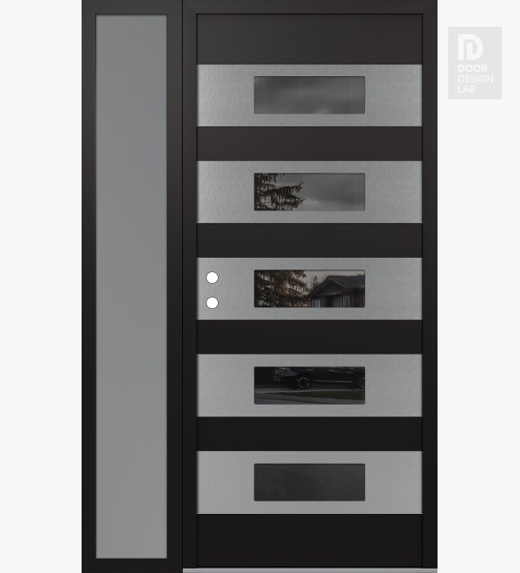 Modern Steel Front Door Diamond D5 52" x 80" black/black mirrored Glass Panel stainless steel RHI with Sidelite frosted Glass