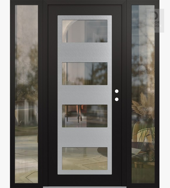 Modern Steel Front Door Diamond C2 64" x 80" black/black clear Glass Panel stainless steel LHI with 2 Sidelites clear Glass