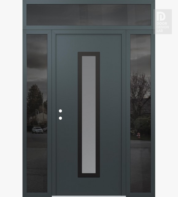 Modern Steel Front Door DIAMOND A11 68" X 96" ANTHRACITE/ANTHRACITE FROSTED GLASS PANEL BLACK RHI WITH 2 SIDELITES AND TRANSOM MIRRORED GLASS