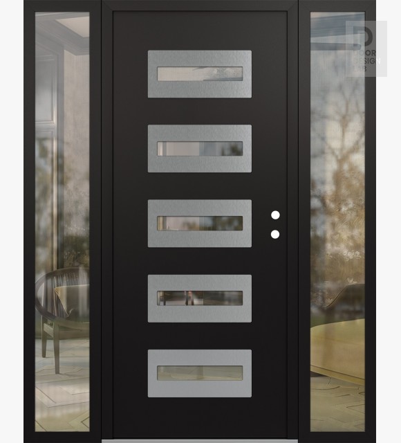 Modern Steel Front Door Diamond D4 64" x 80" black/black clear Glass Panel stainless steel LHI with 2 Sidelites clear Glass