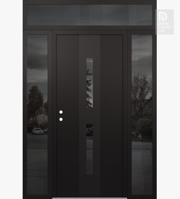 Modern Steel Front Door DIAMOND A6 60" X 96" BLACK/BLACK MIRRORED GLASS PANEL BLACK RHI WITH 2 SIDELITES AND TRANSOM MIRRORED GLASS
