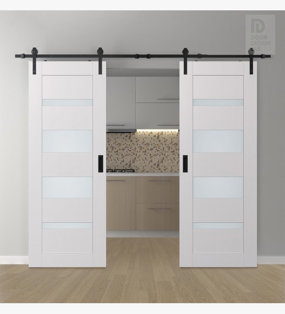 DOUBLE BARN DOOR AVON 07-01 VETRO SNOW WHITE 72" X 84" X 1 3/4" BLACK HARDWARE